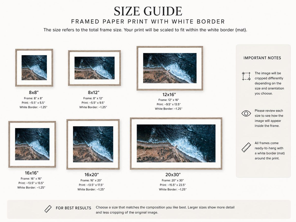 May include: A size guide for framed paper prints with white borders, displaying six rectangular frames in various dimensions from 8x8 to 20x30 inches. The chart includes text labels for frame, print, and white border sizes, plus important notes.