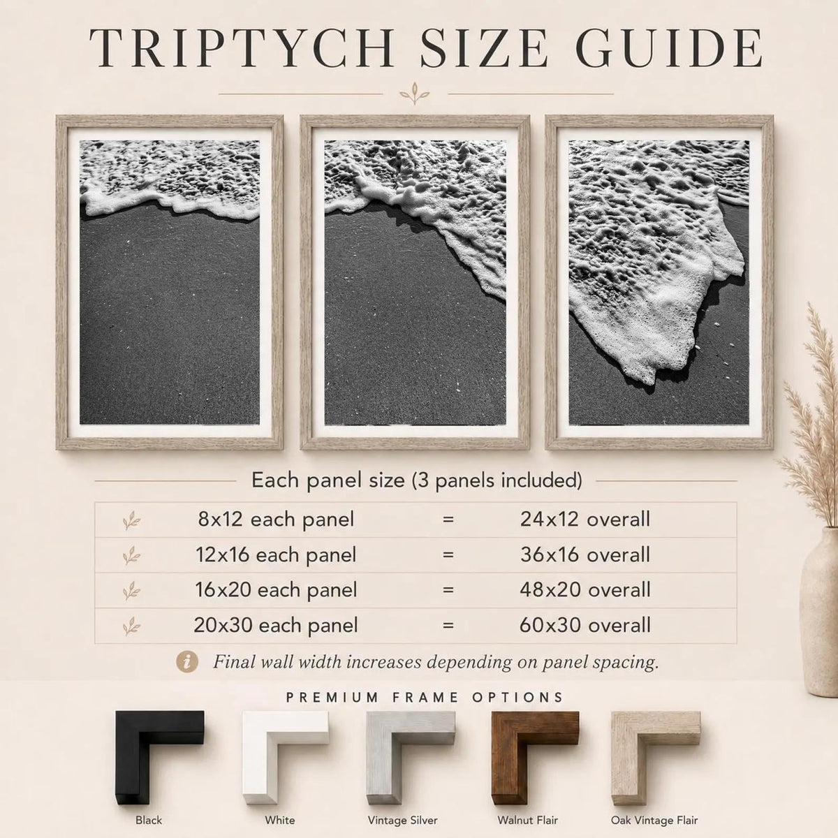 Black and White Beach Framed Print: Ocean Foam Photography, Single or Triptych Wall Art