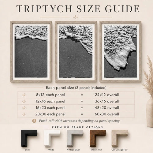 Black and White Beach Framed Print: Ocean Foam Photography, Single or Triptych Wall Art
