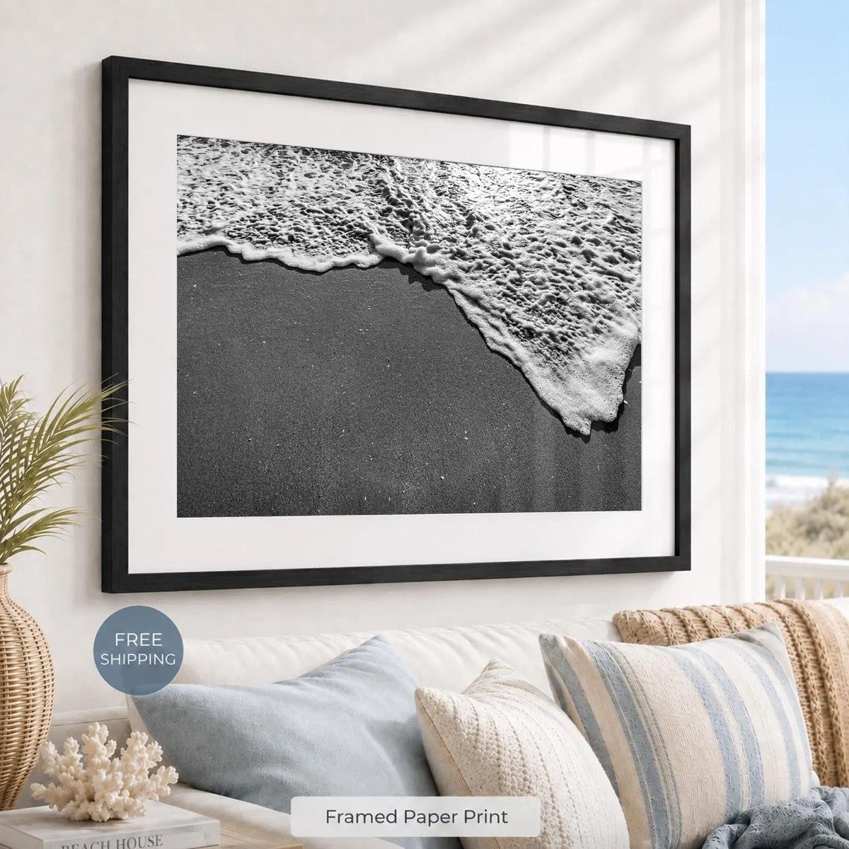 Black and White Beach Framed Print: Ocean Foam Photography, Single or Triptych Wall Art