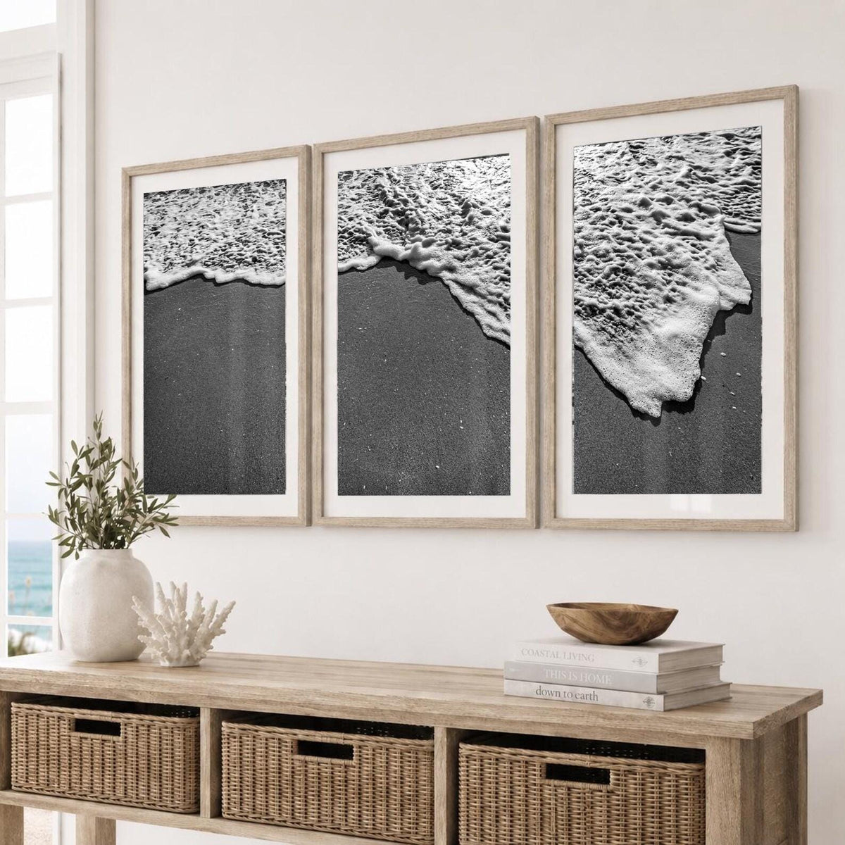 Black and White Beach Framed Print: Ocean Foam Photography, Single or Triptych Wall Art