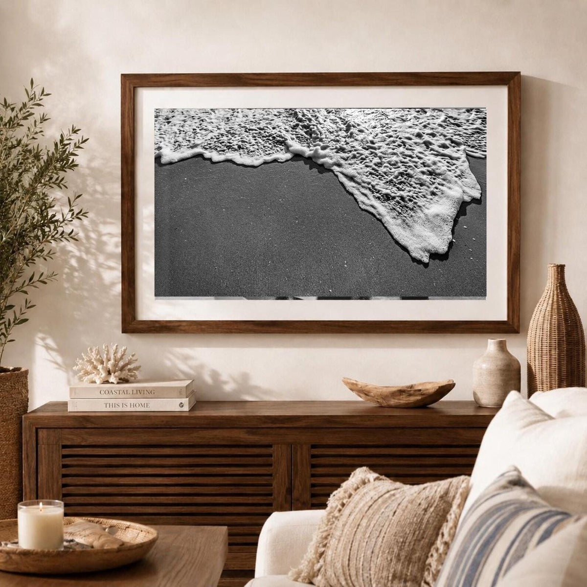 Black and White Beach Framed Print: Ocean Foam Photography, Single or Triptych Wall Art