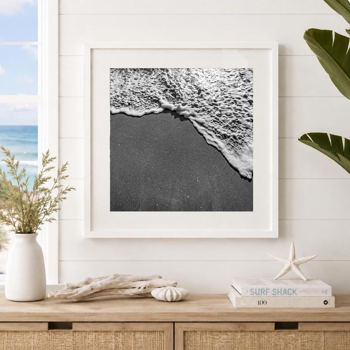 Black and White Beach Framed Print: Ocean Foam Photography, Single or Triptych Wall Art