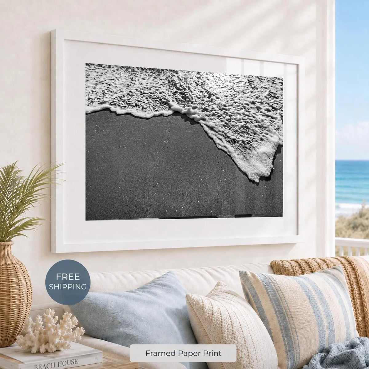 Black and White Beach Framed Print: Ocean Foam Photography, Single or Triptych Wall Art
