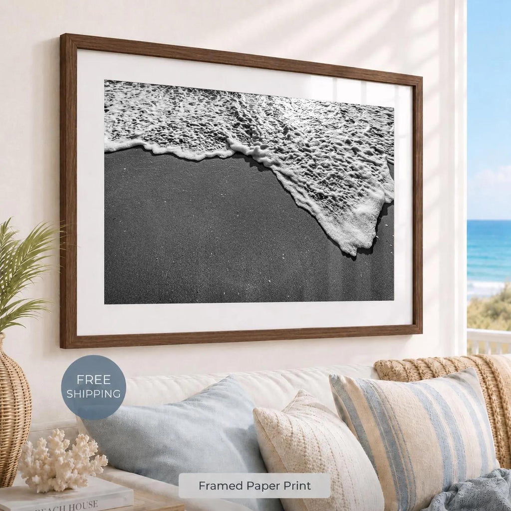 Black and White Beach Framed Print: Ocean Foam Photography, Single or Triptych Wall Art