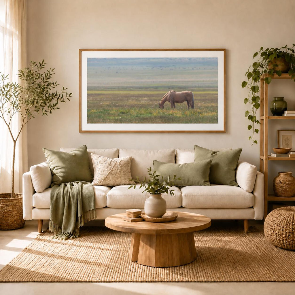 Grazing horse photography print in a natural wood frame with white mat above a cream sofa in a sunlit living room with green cushions, plants, and warm neutral decor.