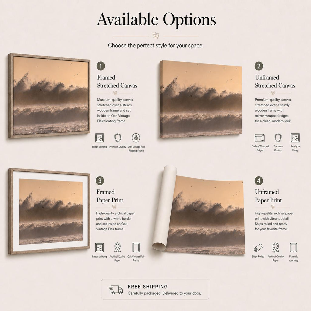 May include: An informational graphic titled Available Options displaying four product variations of a sepia-toned ocean wave print: a framed stretched canvas, an unframed stretched canvas, a framed paper print, and a rolled unframed paper print.