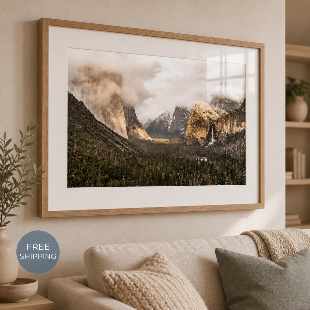Yosemite Tunnel View Landscape Photography Print, Misty Mountains Wall Art — printed photography wall art