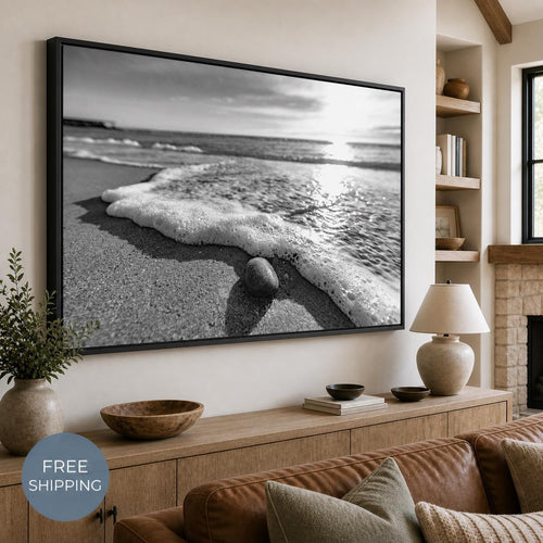 Black and White Beach Canvas Wall Art, Framed Ocean Photography, Single or Triptych — printed photography wall art