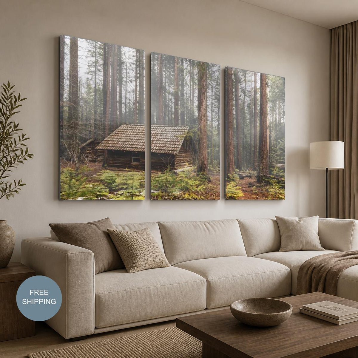 Foggy Forest Cabin Triptych Canvas Print, Misty Woodland Wall Art — product image 3