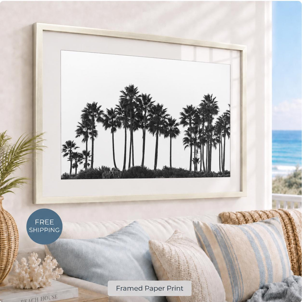 Framed Black and White Palm Tree Print, California Photography