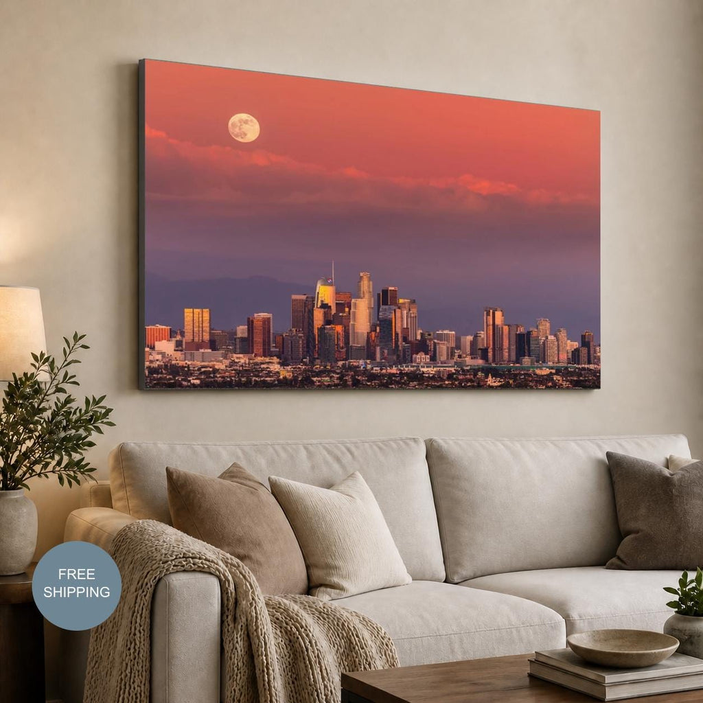 Downtown Los Angeles Sunset Wall Art, City Skyline Photography, Canvas Metal Acrylic or Poster — product image 2