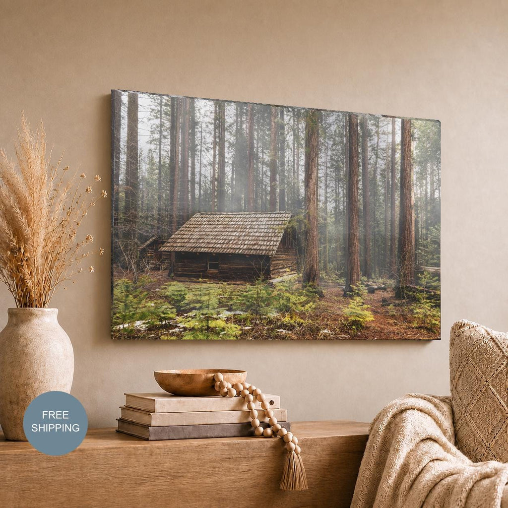 Foggy Forest Cabin Wall Art, Misty Woodland Photography, Canvas Metal Acrylic or Poster — printed photography wall art