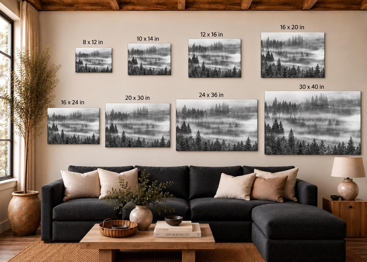 Size guide showing eight misty forest canvases above a sofa: 8 x 12, 10 x 14, 12 x 16, 16 x 20, 16 x 24, 20 x 30, 24 x 36, and 30 x 40 inches. Room mockup illustrates approximate scale.