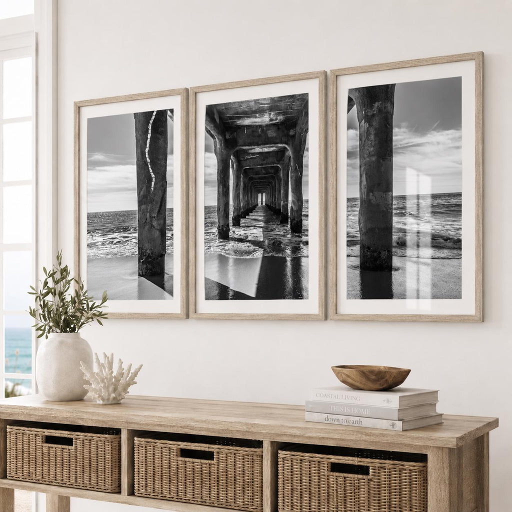 Black and White Manhattan Beach Pier Framed Print: Single or Triptych Wall Art