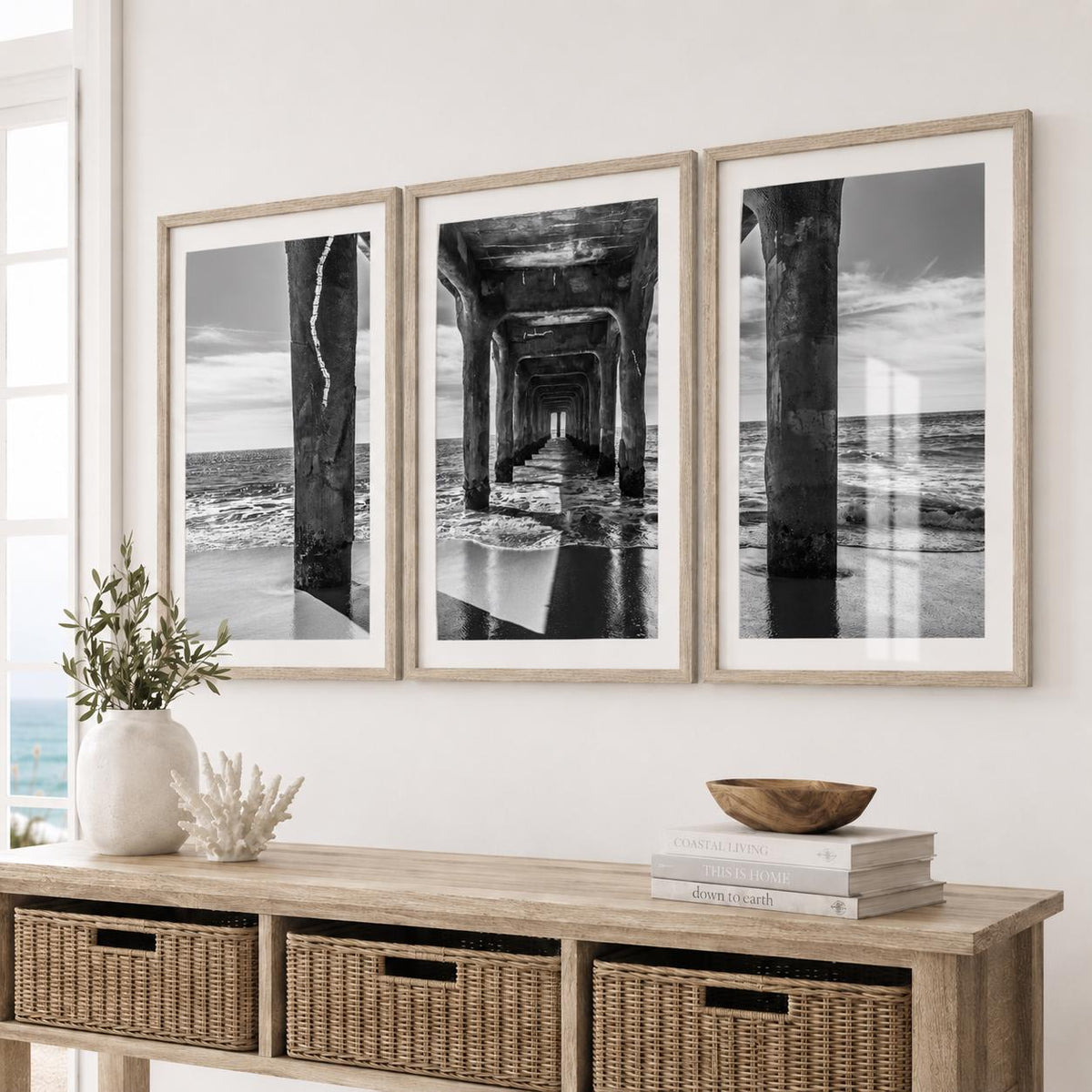 Black and White Manhattan Beach Pier Framed Print: Single or Triptych Wall Art
