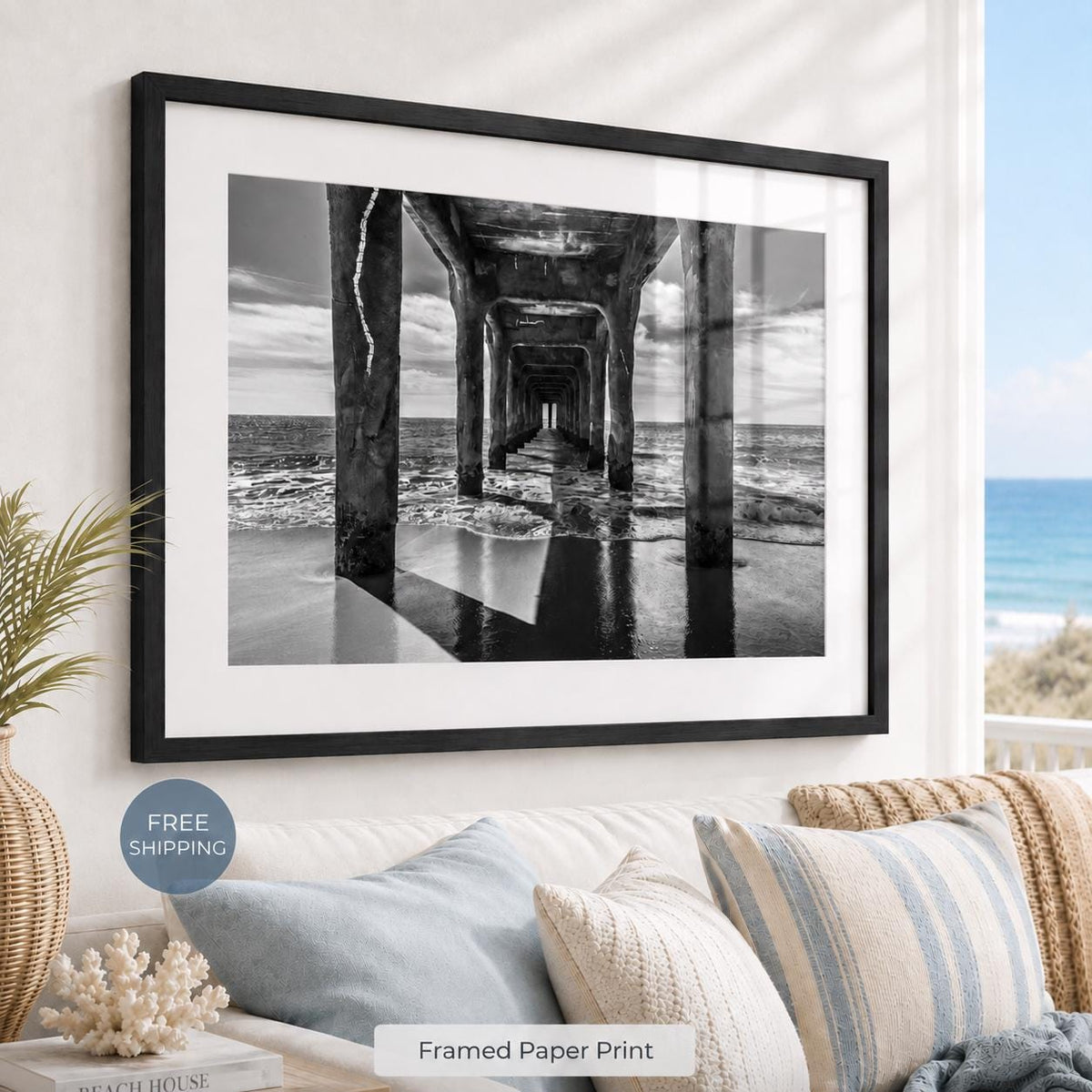 Black and White Manhattan Beach Pier Framed Print: Single or Triptych Wall Art