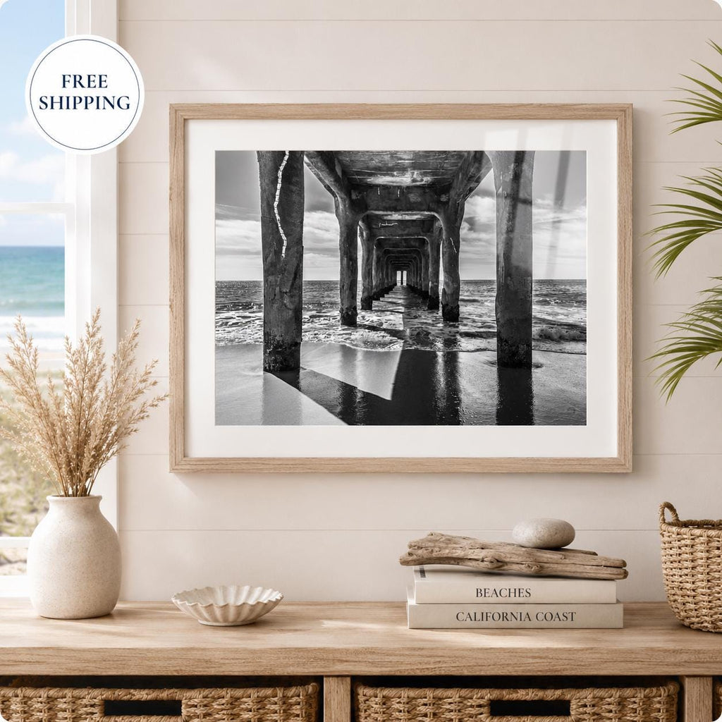 Black and White Manhattan Beach Pier Framed Print: Single or Triptych Wall Art