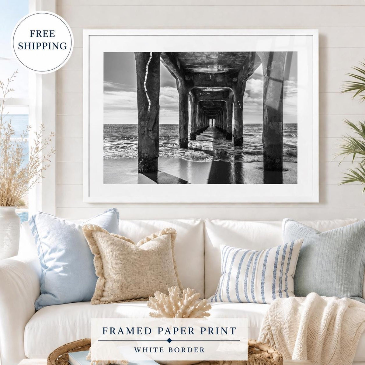Black and White Manhattan Beach Pier Framed Print: Single or Triptych Wall Art