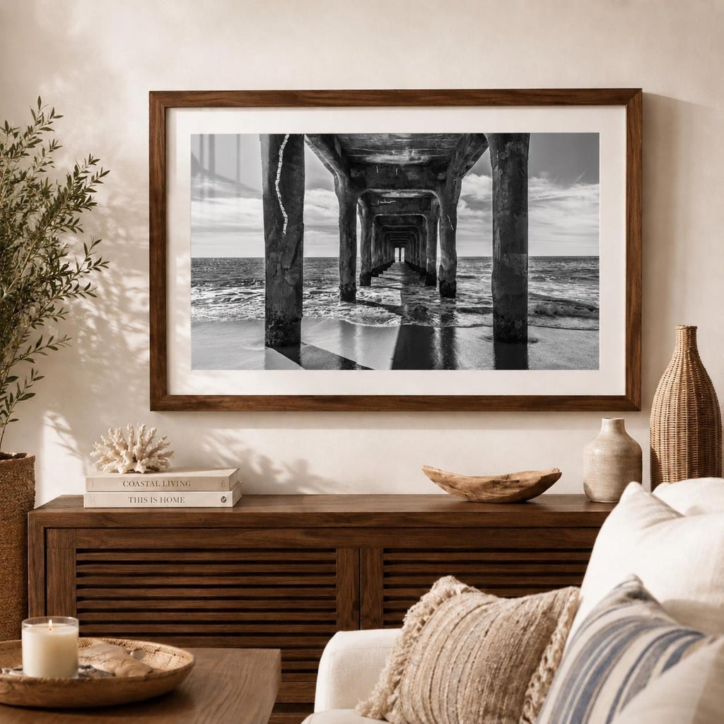 Black and White Manhattan Beach Pier Framed Print: Single or Triptych Wall Art