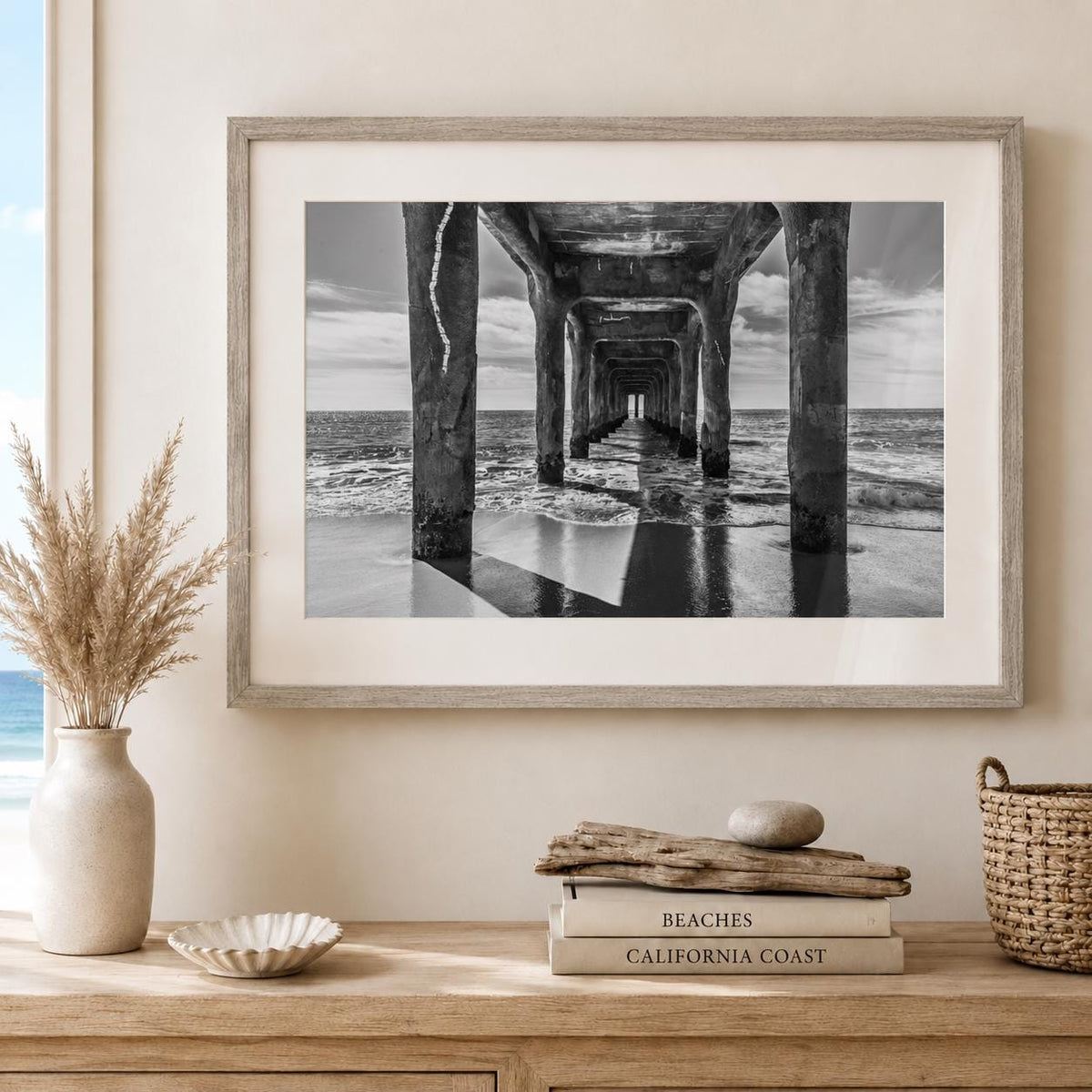 Black and White Manhattan Beach Pier Framed Print: Single or Triptych Wall Art