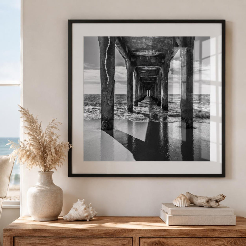 Black and White Manhattan Beach Pier Framed Print: Single or Triptych Wall Art