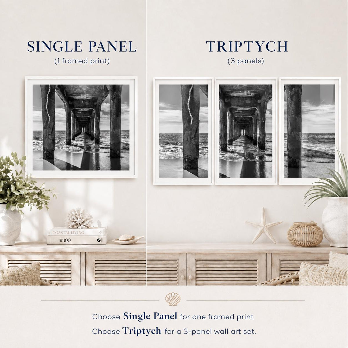 Black and White Manhattan Beach Pier Framed Print: Single or Triptych Wall Art