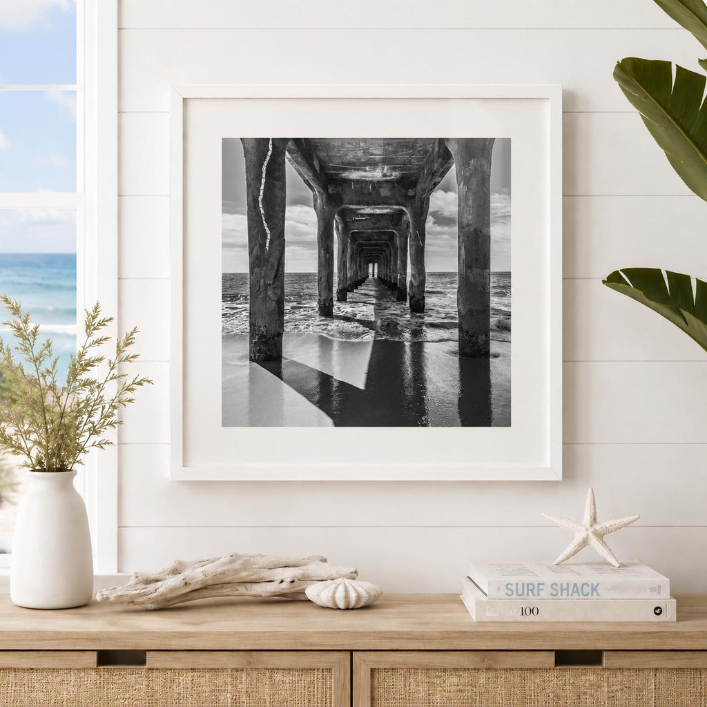 Black and White Manhattan Beach Pier Framed Print: Single or Triptych Wall Art