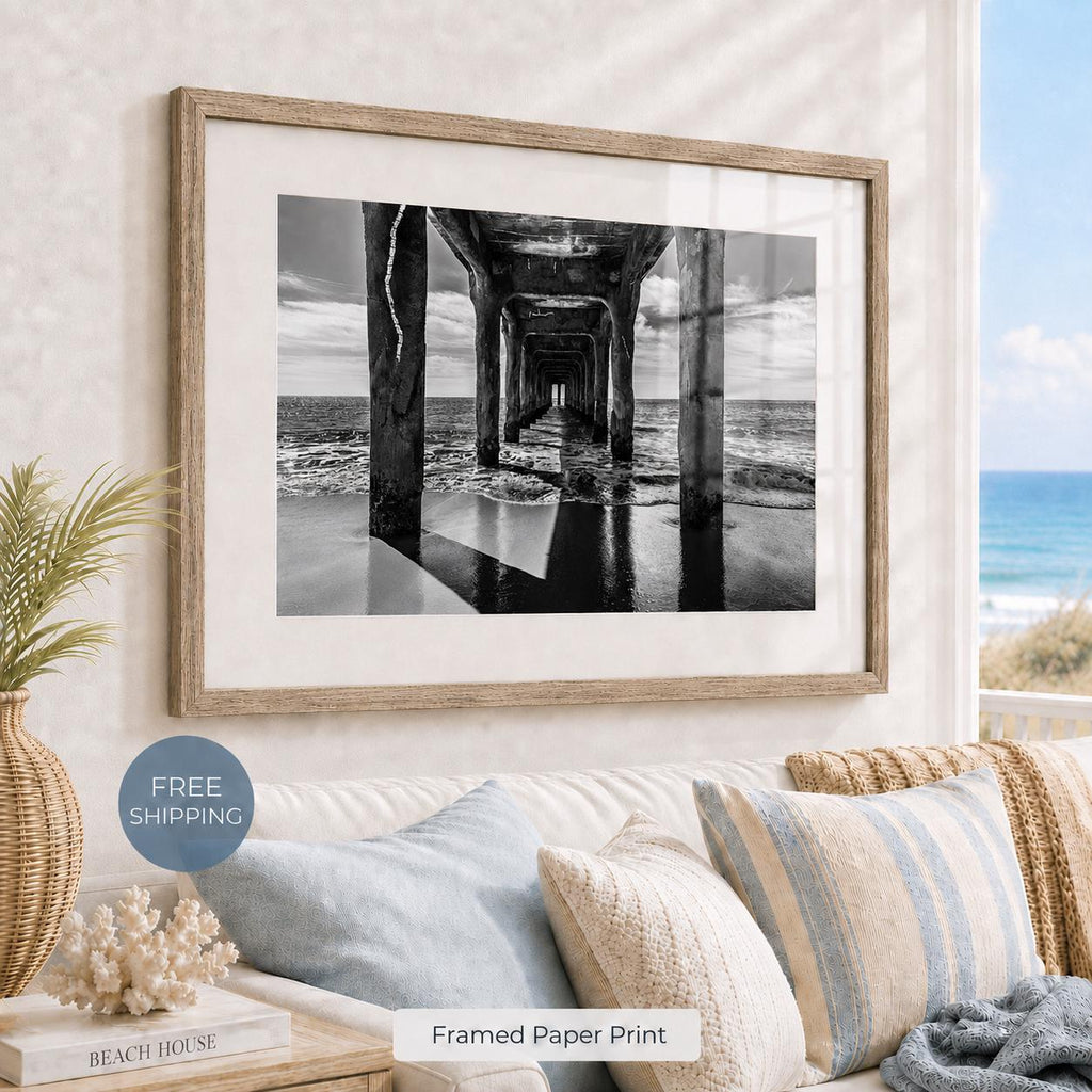 Black and White Manhattan Beach Pier Framed Print: Single or Triptych Wall Art