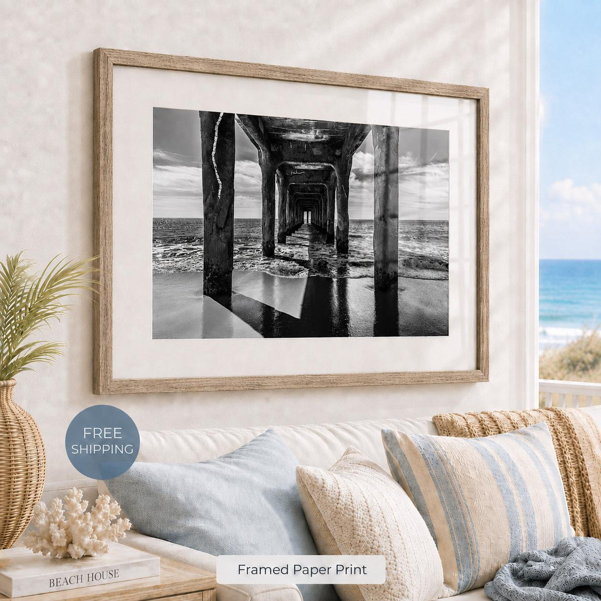 Black and White Manhattan Beach Pier Framed Print: Single or Triptych Wall Art