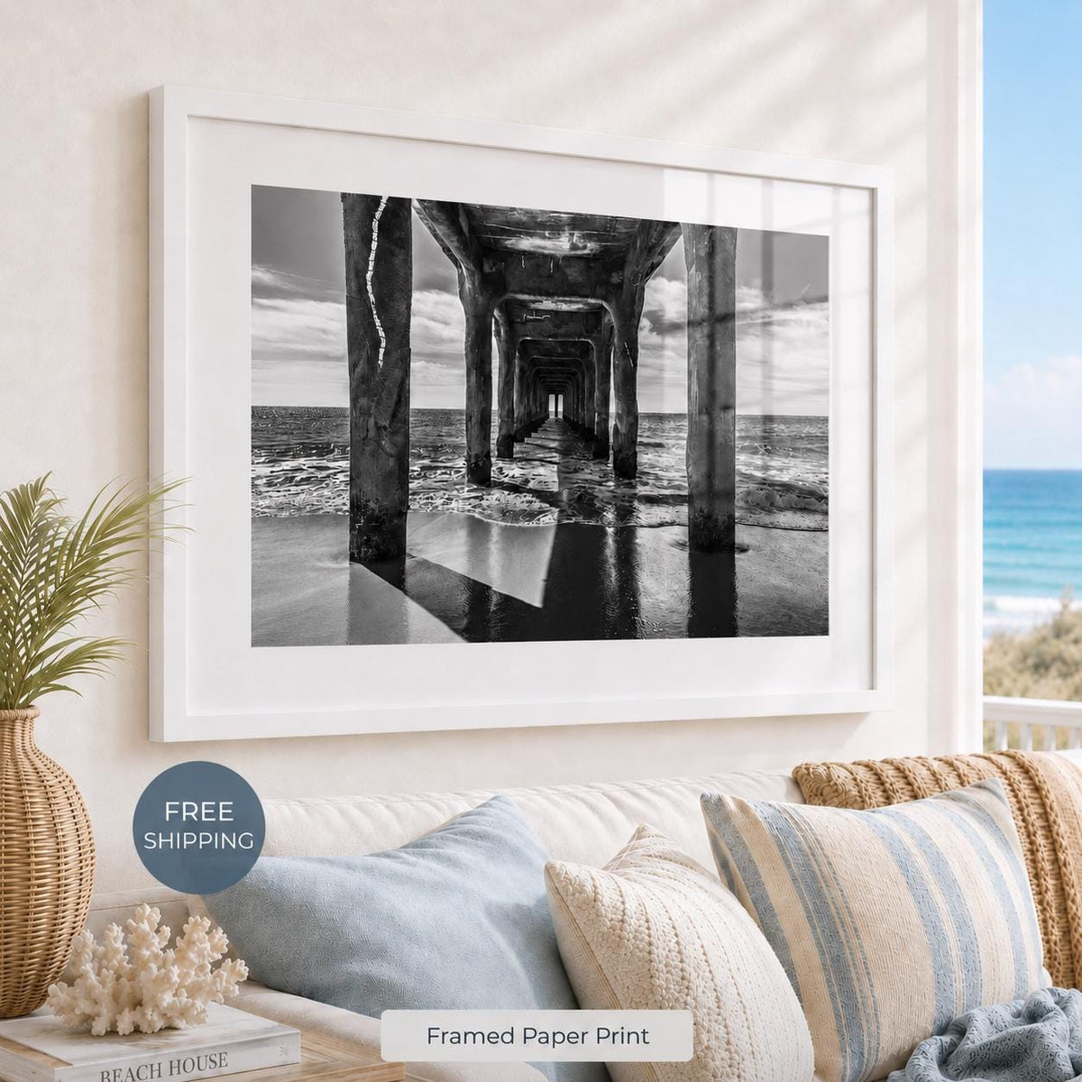 Black and White Manhattan Beach Pier Framed Print: Single or Triptych Wall Art