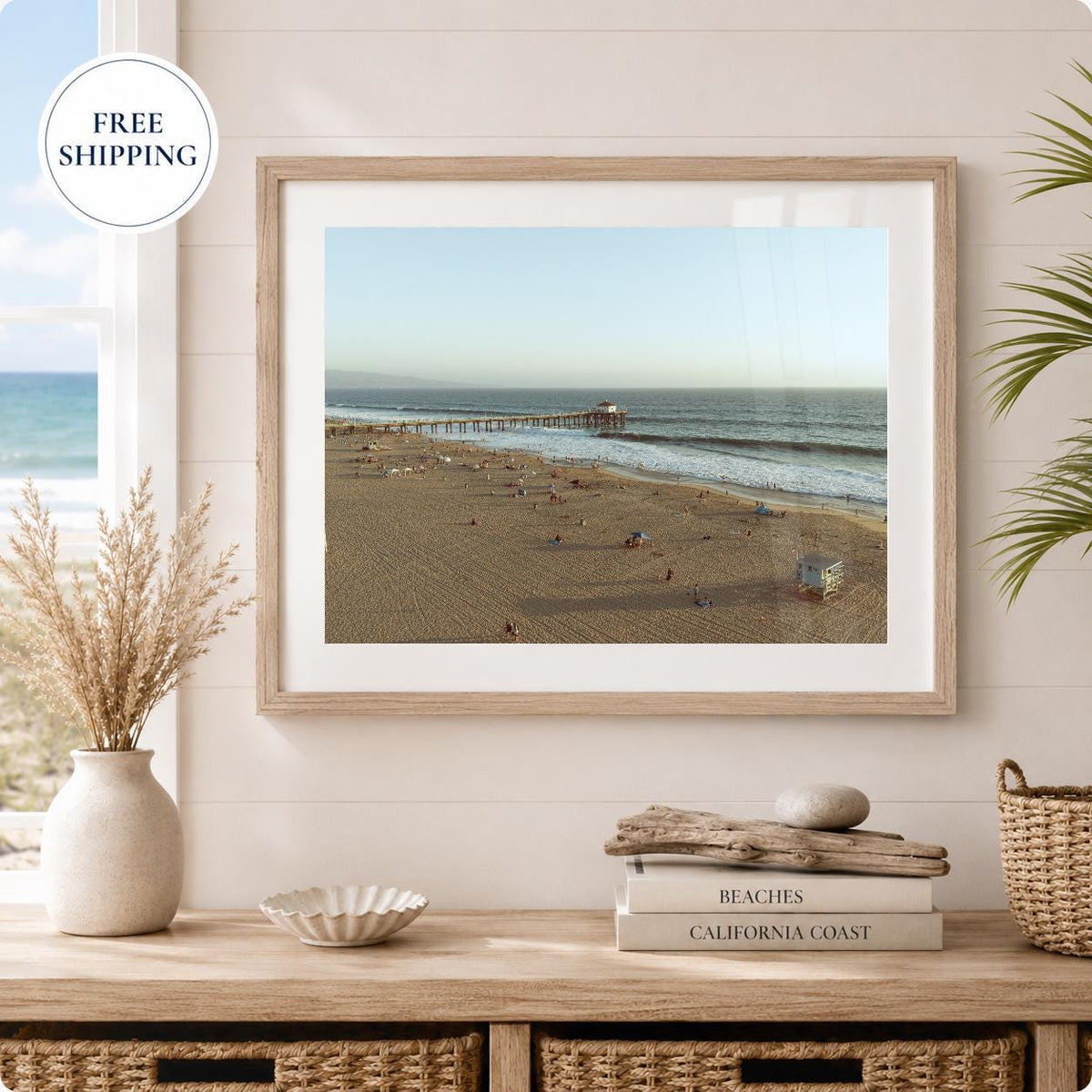 Manhattan Beach Pier Aerial Print, Vintage-Style Framed Coastal Wall Art, Single or Triptych