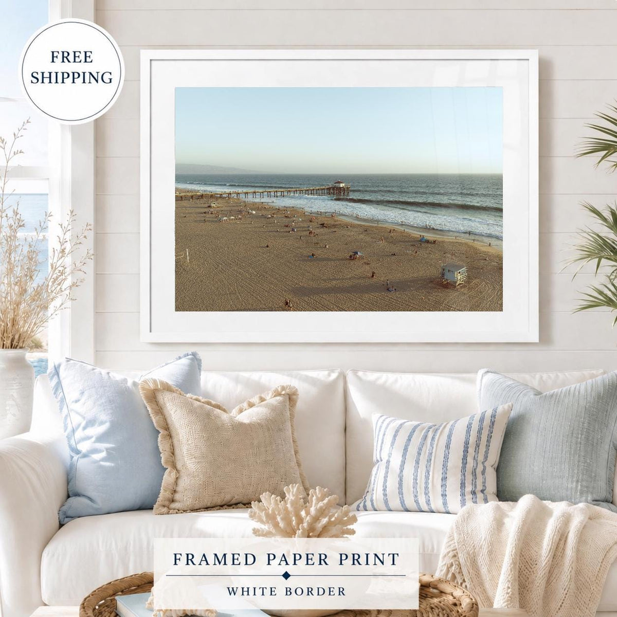 Manhattan Beach Pier Aerial Print, Vintage-Style Framed Coastal Wall Art, Single or Triptych