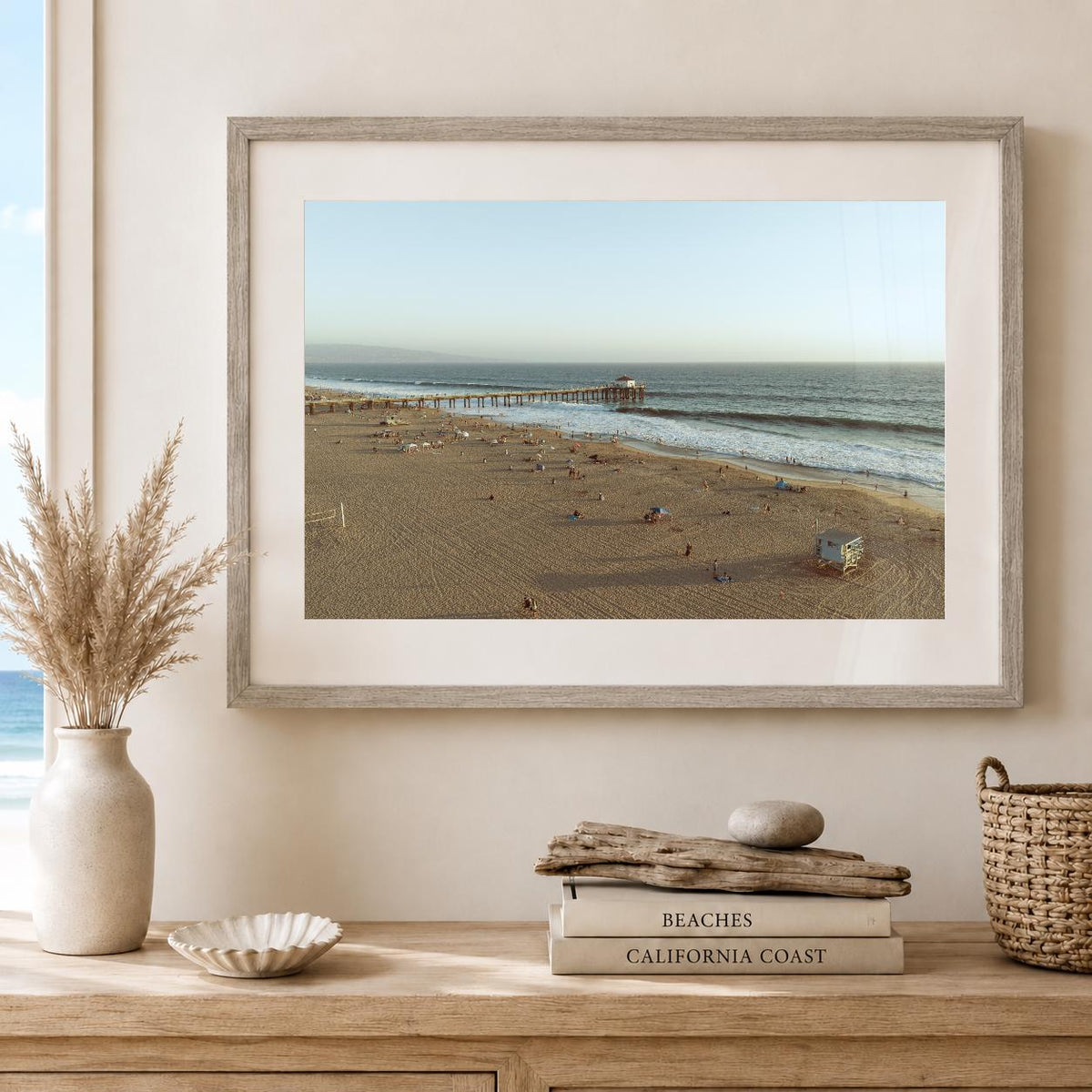 Manhattan Beach Pier Aerial Print, Vintage-Style Framed Coastal Wall Art, Single or Triptych