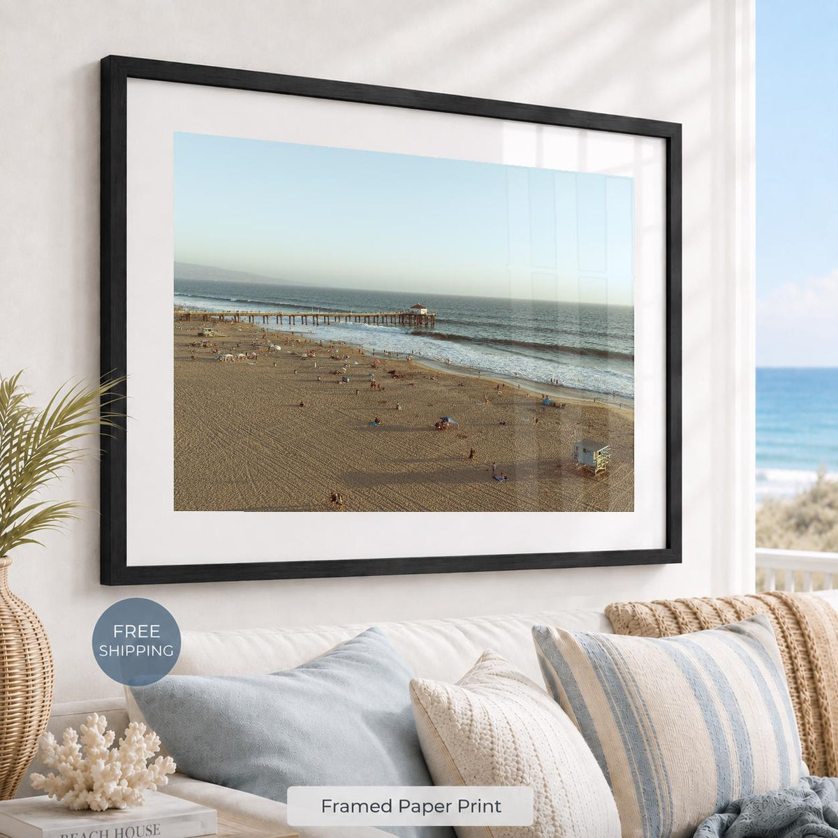 Manhattan Beach Pier Aerial Print, Vintage-Style Framed Coastal Wall Art, Single or Triptych