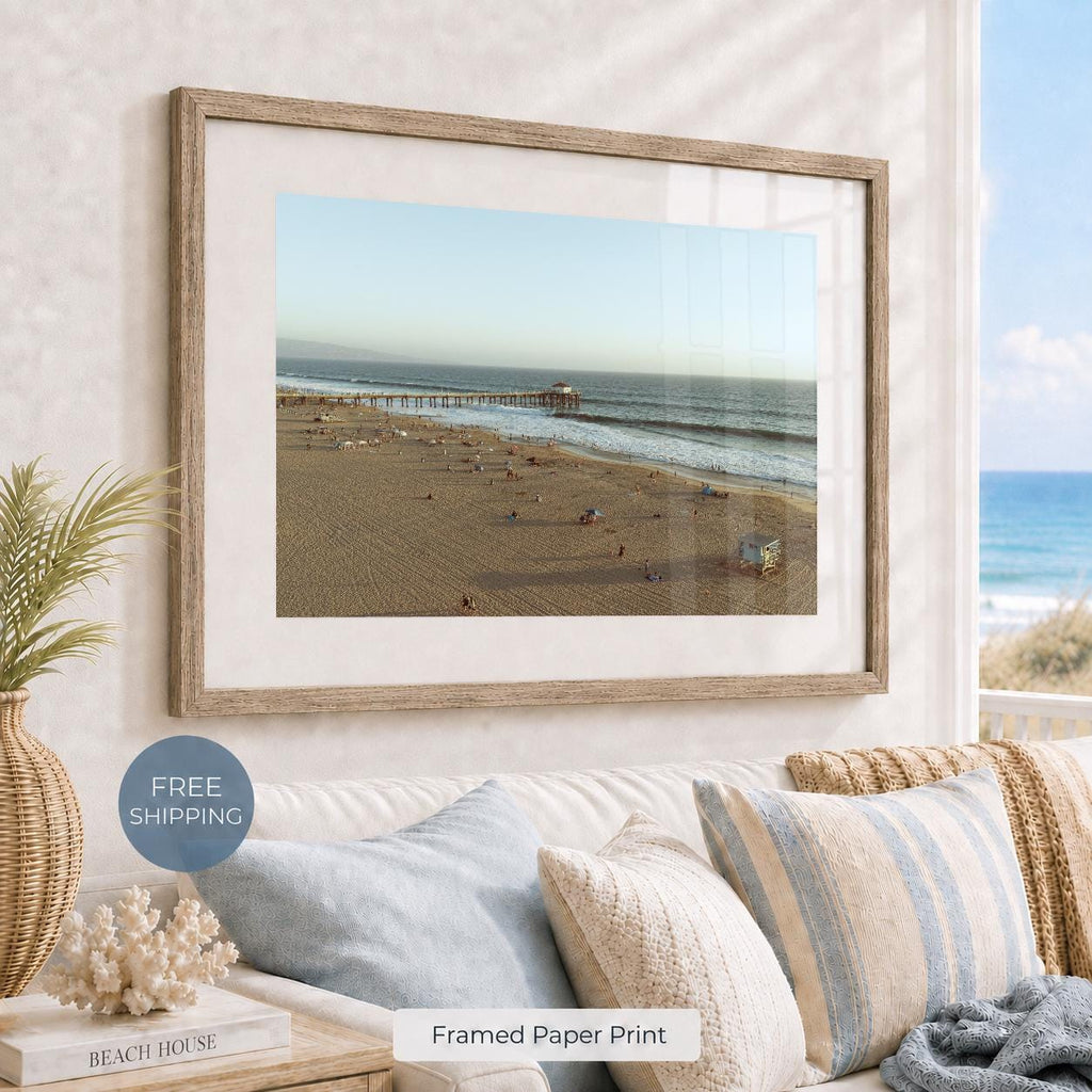 Manhattan Beach Pier Aerial Print, Vintage-Style Framed Coastal Wall Art, Single or Triptych