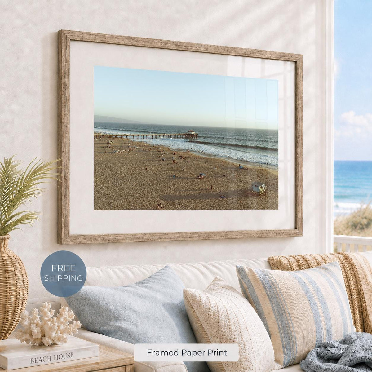 Manhattan Beach Pier Aerial Print, Vintage-Style Framed Coastal Wall Art, Single or Triptych