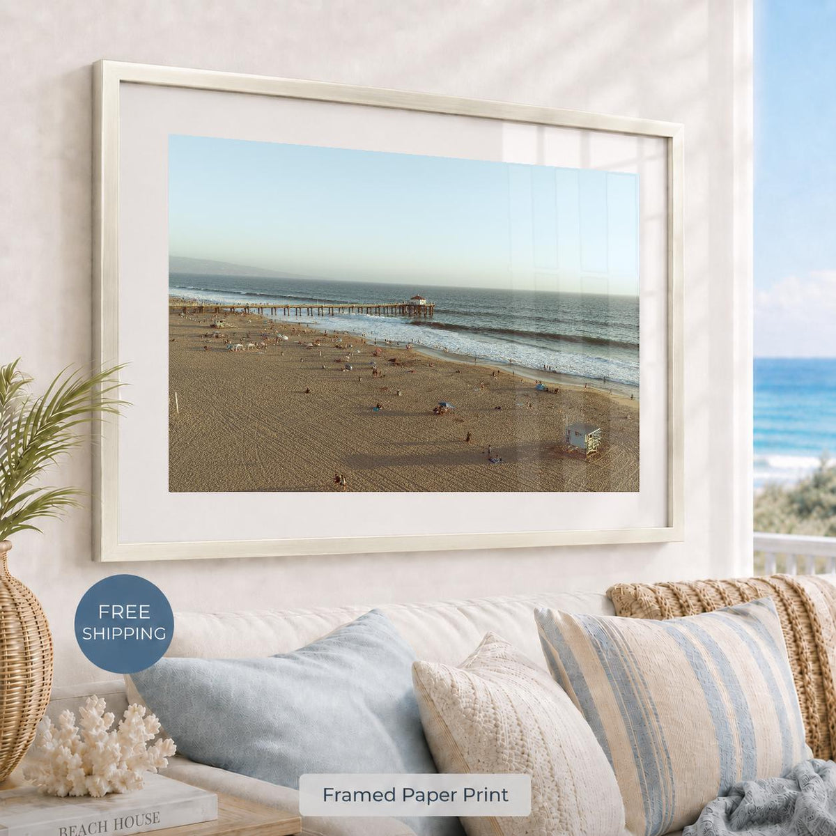Manhattan Beach Pier Aerial Print, Vintage-Style Framed Coastal Wall Art, Single or Triptych