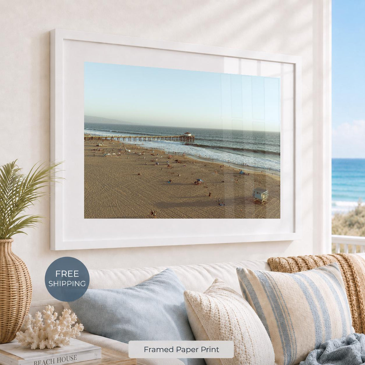 Manhattan Beach Pier Aerial Print, Vintage-Style Framed Coastal Wall Art, Single or Triptych