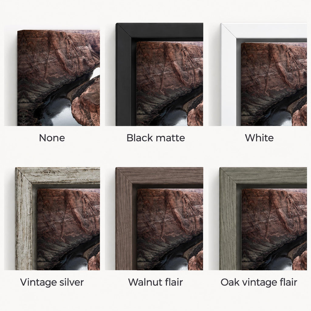 Close-up guide to Horseshoe Bend canvas options: unframed (None), Black Matte, White, Vintage Silver, Walnut Flair, and Oak Vintage Flair. The five floating frames surround the printed canvas with a narrow shadow gap.