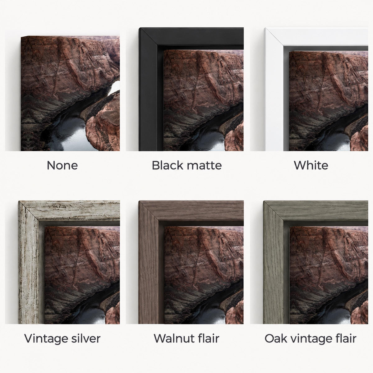 Close-up guide to Horseshoe Bend canvas options: unframed (None), Black Matte, White, Vintage Silver, Walnut Flair, and Oak Vintage Flair. The five floating frames surround the printed canvas with a narrow shadow gap.