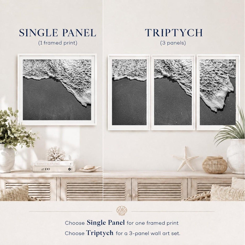 Black and White Beach Framed Print: Ocean Foam Photography, Single or Triptych Wall Art
