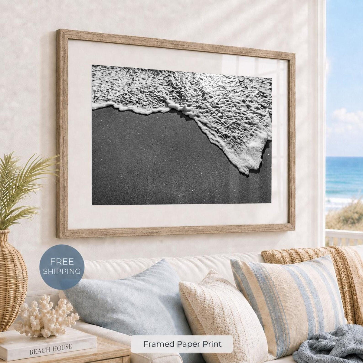 Black and White Beach Framed Print: Ocean Foam Photography, Single or Triptych Wall Art