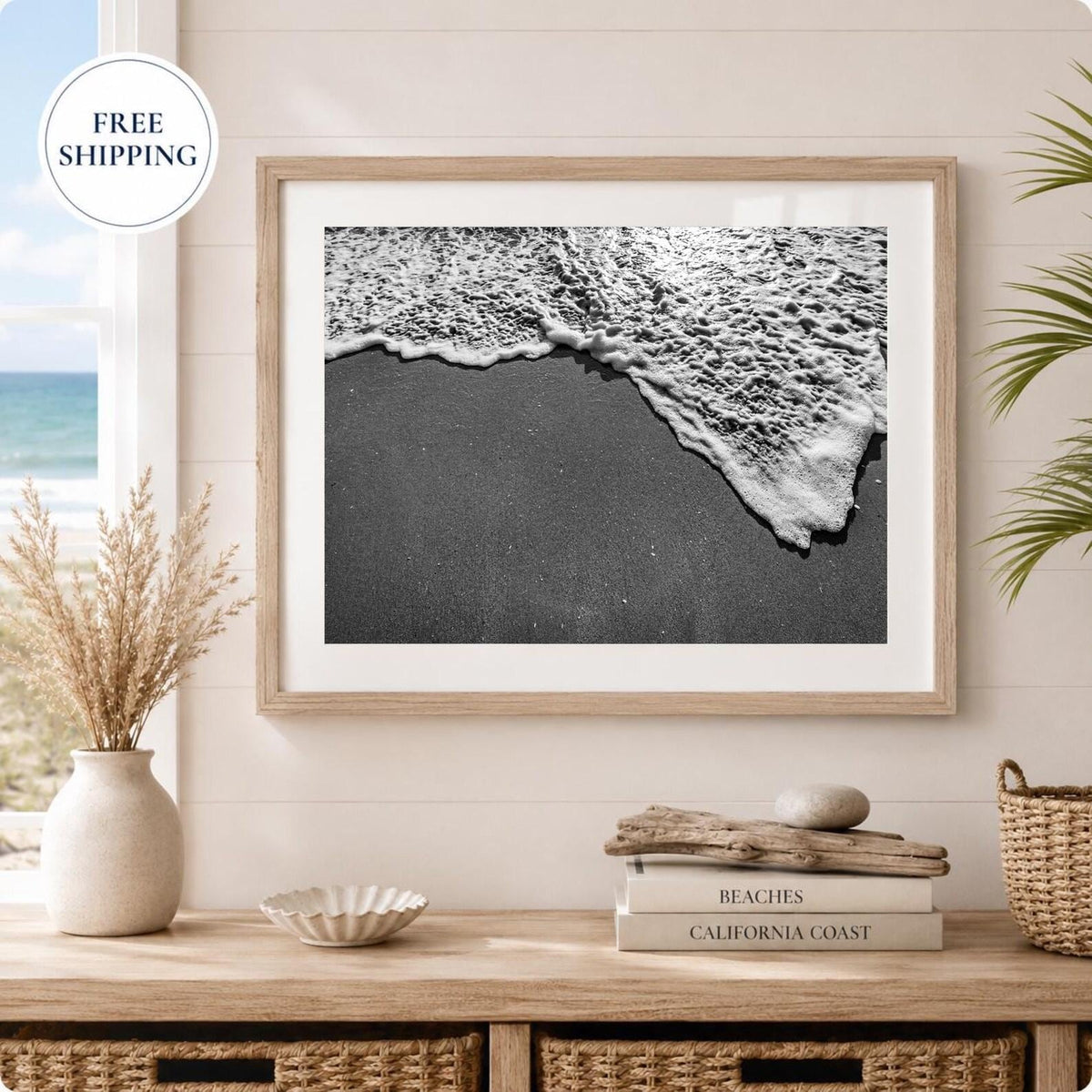 Black and White Beach Framed Print: Ocean Foam Photography, Single or Triptych Wall Art
