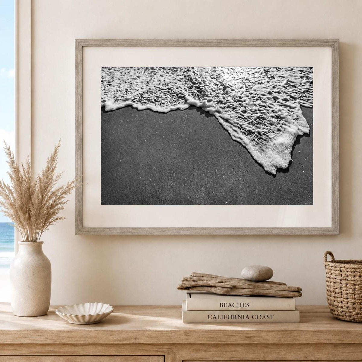 Black and White Beach Framed Print: Ocean Foam Photography, Single or Triptych Wall Art