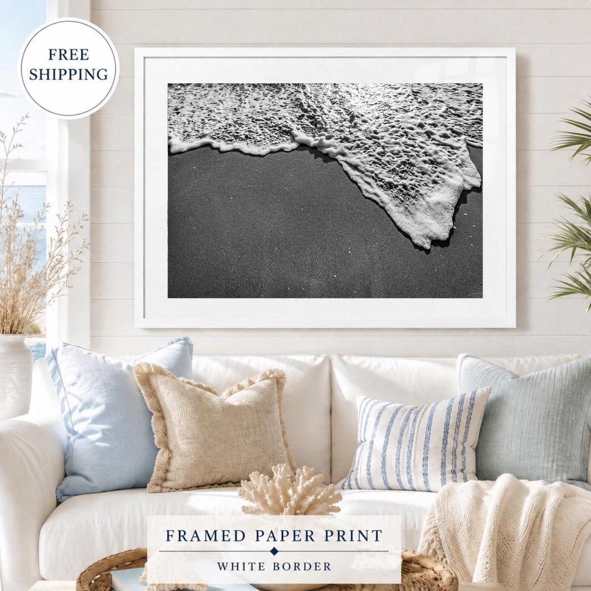 Black and White Beach Framed Print: Ocean Foam Photography, Single or Triptych Wall Art