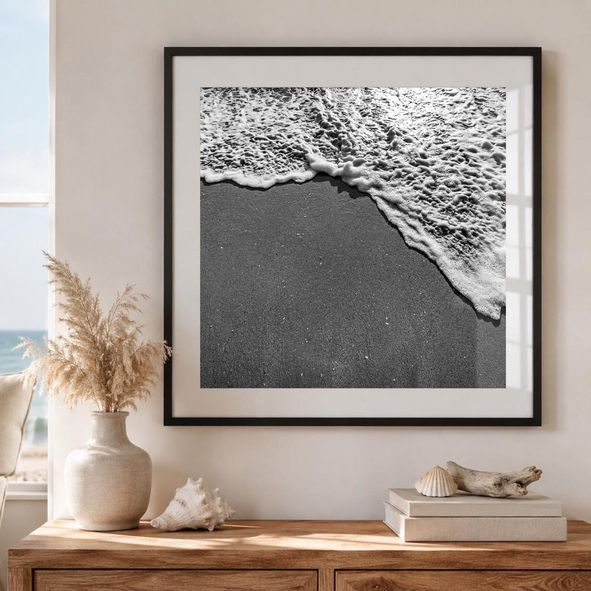 Black and White Beach Framed Print: Ocean Foam Photography, Single or Triptych Wall Art