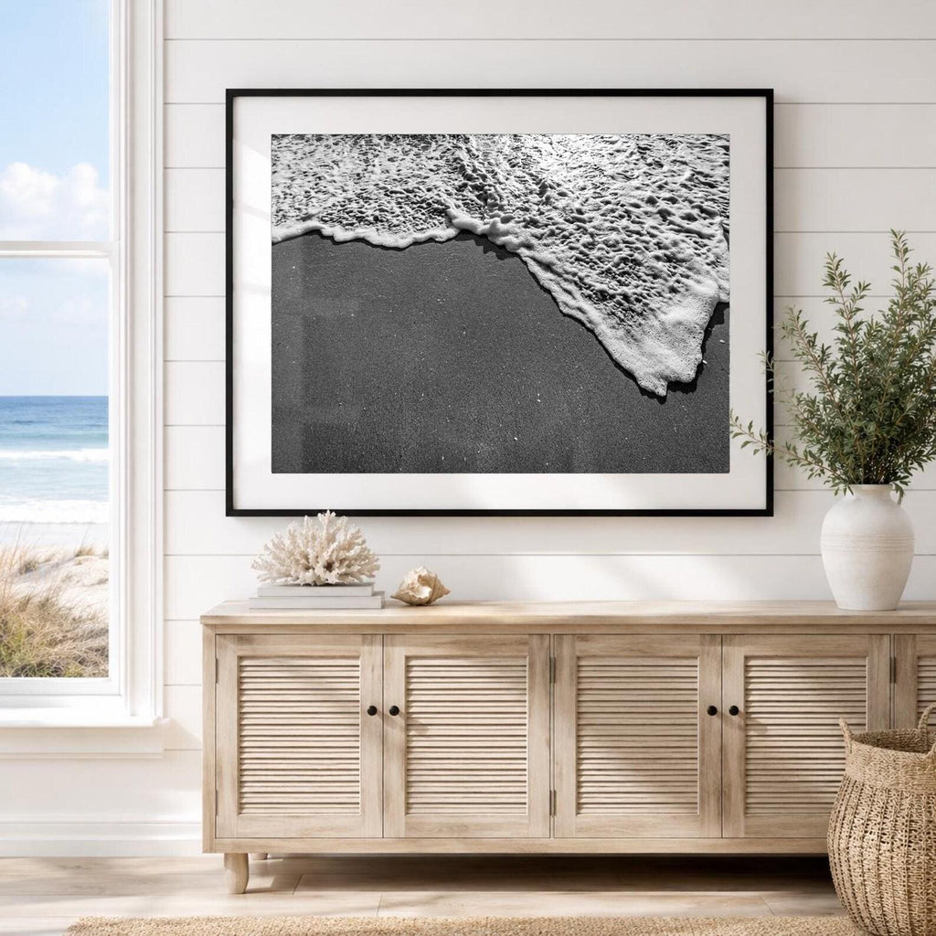 Black and White Beach Framed Print: Ocean Foam Photography, Single or Triptych Wall Art