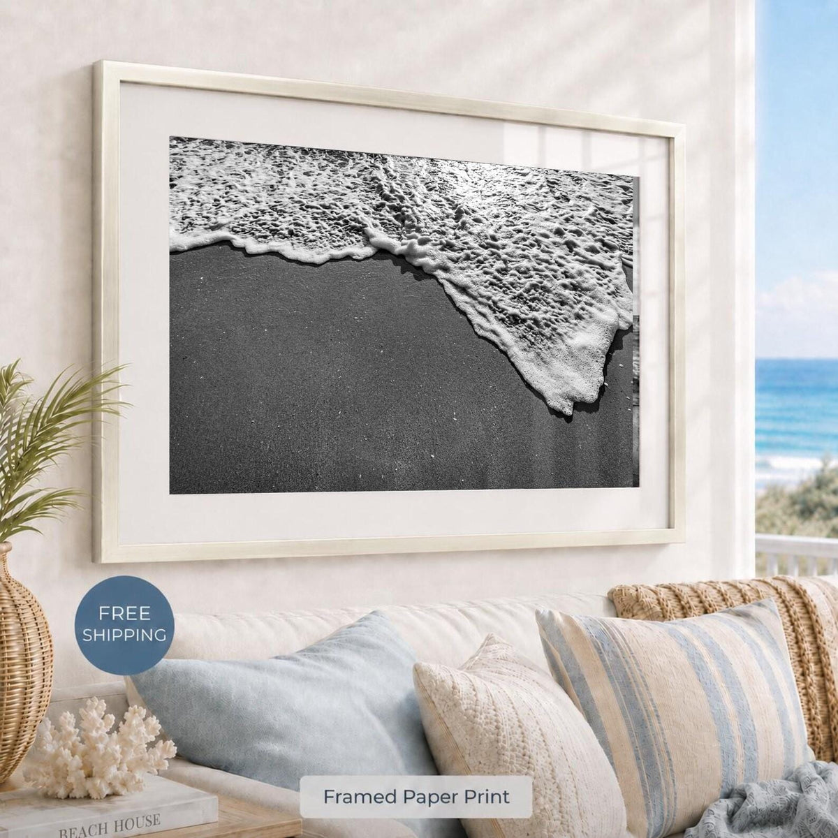 Black and White Beach Framed Print: Ocean Foam Photography, Single or Triptych Wall Art