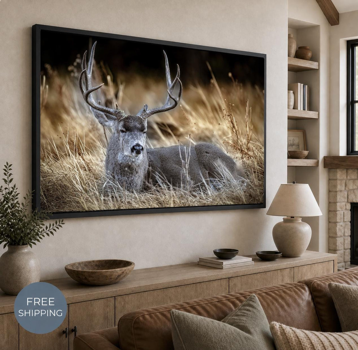 Deer Wall Art, Buck Wildlife Photography Canvas, Rustic Cabin Framed or Unframed Canvas